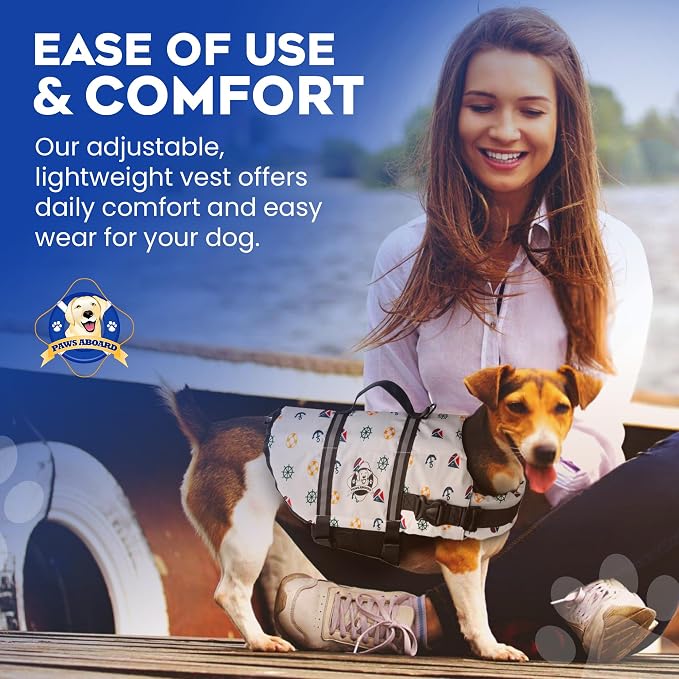 Dog Life Jacket — Premium Swim Vest with SafeChin Anti-Choke Collar | PAWS Aboard Nautical Dog | RapidLift Rescue Handle, D-Ring, Reflective Trim | Boating, Kayaking, Pool | Small (15–25 lbs)