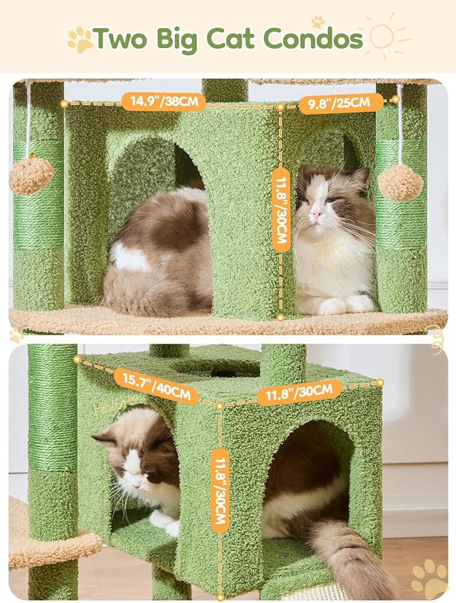 Taoqimiao Tall Cat Tree, 76In XL Cat Tower for Large Cats, 3 Padded Perches | Oversized Metal Hammock, 2 Big Condos, 1-Piece Ramp Scratcher, 7 Natural Sisal Posts, Hanging Basket, Cactus, MS047T