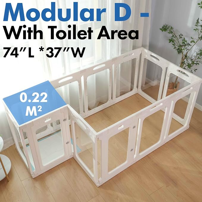 Acrylic Dog Playpen Indoor, Modular 2 Room & Toilet Area, Height 24", 12 Panels, Ideal for Small & Toy Dogs, White