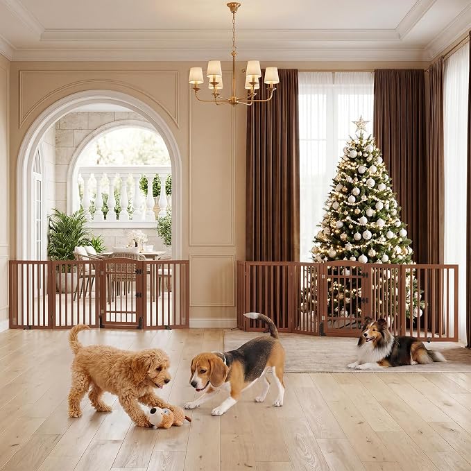 Homykic Dog Gate Indoor, 94.5" W x 30" H Extra Wide Foldable Bamboo Pet Gate with Door, No Assembly Freestanding Dog Fence with 2 Support Feet & 360°Hinges for Doorways Hallways (Walnut, 4 Panels)