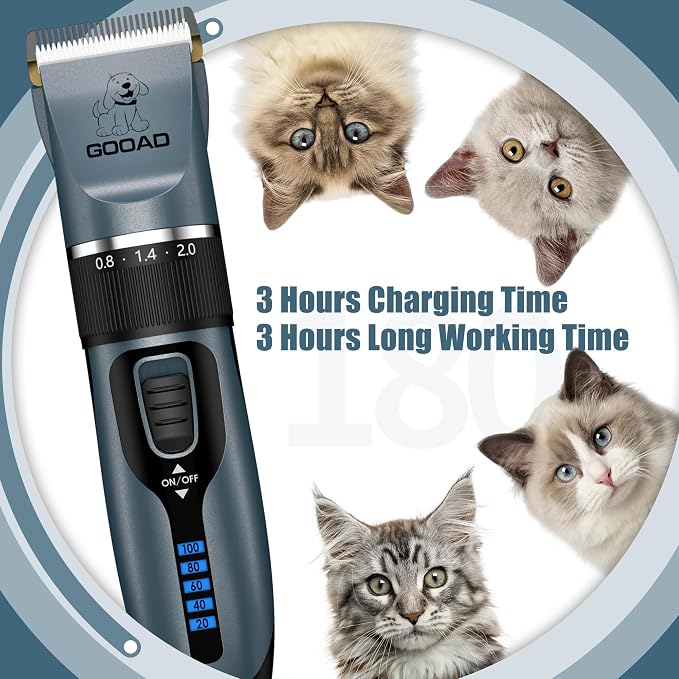 Professional Quiet Cat Clippers & Dog Grooming Kit | 250Min Cordless Pet Shaver, Low Noise Pet Hair Trimmer for Grooming,2in1 Wide & Narrow Blades,4 Combs,Scissors & Glove(Blue)
