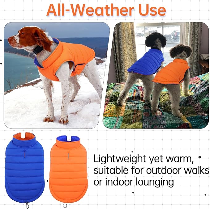 Lelepet Reversible Dog Coat Windproof Dog Puffer Jacket Lightweight Vest | Soft Puffer Vest Warm Winter Coats for Medium Dogs Adjustbale Hook & Loop Pet Apparel with Leash Hole, French Bulldog, Orange