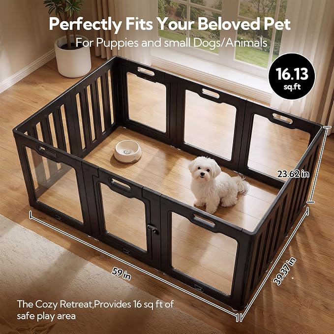 Soulbond Clear Acrylic Dog Playpen Indoor (24 Inch, Black, 10 Panels) | Non-Slip,Tool-Free Assembly, External Door Lock Play Pen for Puppies and Small Dogs