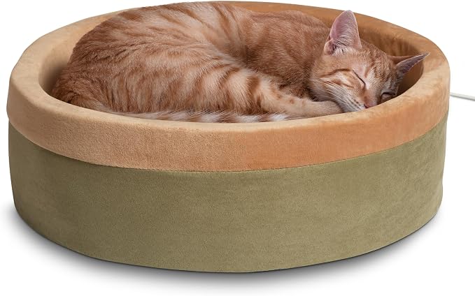 K&H Pet Products Thermo-Kitty Bed Heated Cat Beds for Large Indoor Cats & Dogs, Calming Warming Pillow Pet Bed, Machine Washable, Removable Heater, Safety Listed - Large 20" Round Sage/Tan