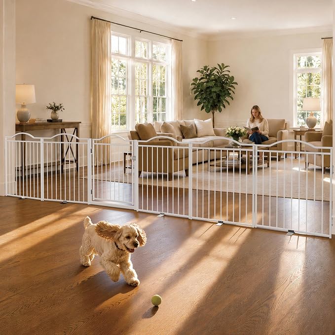 No Pawblems Full Metal Free Standing Dog Gate with Door, 30'' Tall | Foldable Freestanding Pet Gate for Indoor & Outdoor, Up to 156 Inch Extra Wide Dog Fence for Doorways, Stairs, Deck - White