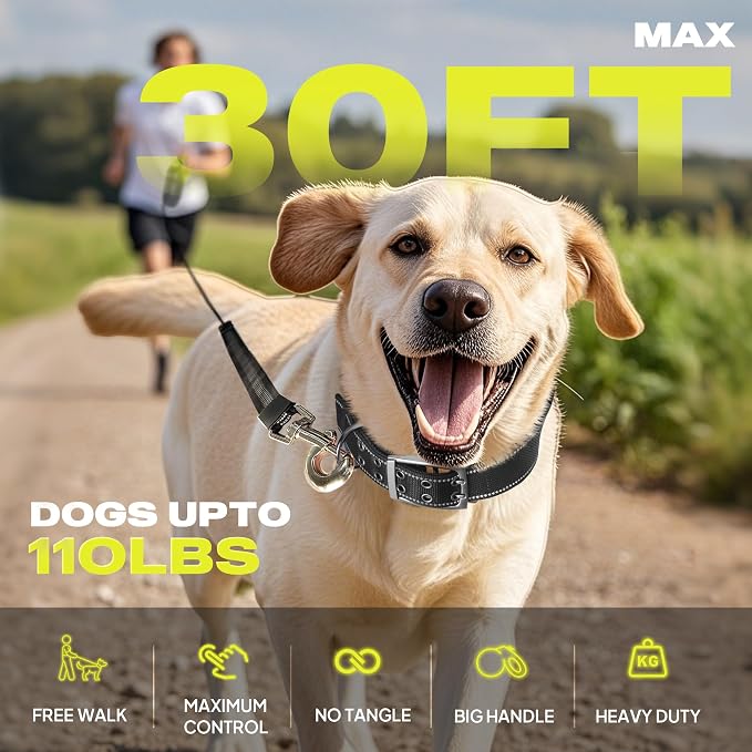 Fida 30ft Upgraded Retractable Dog Leash, Heavy Duty Pet Walking Leash for Medium/Large Breed up to 110 lbs, 360° Tangle-Free Long Retract Dog Lead, Soft Grip, One-Hand Brake, Neon Yellow