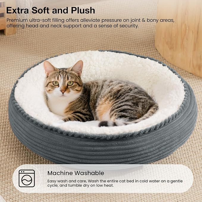 Love's cabin Round Donut Cat and Dog Cushion Bed, 20in Pet Bed for Cats or Small Dogs, Anti-Slip Water-Resistant Bottom, Super Soft Durable Fabric Pet beds, Washable Cat Dog Bed Stripe Bluish Grey