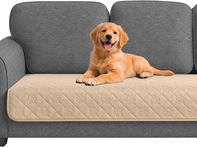 PAWFINITY Waterproof Couch Covers for Dogs, Pet Blanket for Sofa Washable | Paw Print Quilted, Hair Resistant, Anti Cat Scratch, Pee Proof Furniture Protector for 3 Seat Sofa and Bed, 30x70 Inch, Beige
