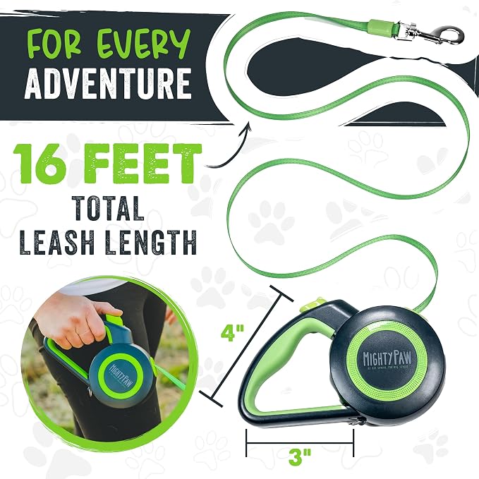 Mighty Paw Retractable Dog Leash 2.0, 16 Ft, for Medium Dogs, Heavy Duty | Reflective Nylon Tape, Tangle-Free Swivel Clip, One-Touch Quick-Lock Brake, Reflective Ring, Anti-Slip Handle