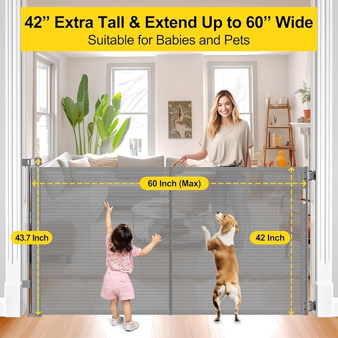 Reinforced 42” Extra Tall Pet Gate for Doorways, Extends up to 60” Wide, Extra Tall Retractable Baby Gates with Rods to Prevent Crawling Through Retractable Mesh Dog Gate Indoor Outdoor, Gray