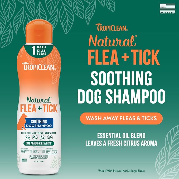 TropiClean Soothing Flea and Tick Shampoo for Dogs, Powerful & Natural Defense, for Large & Small Dogs, Made in USA, 20oz | Soothing Formula | Powerful & Natural Defense | For Large & Small Dogs | Made in USA