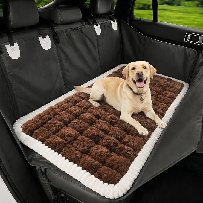 Avont Dog Bed for Car Back Seat, 2026 New Backseat Pet Bed Mat | 52.3"x23.6" Back Seat Pet Cover for Dogs Machine Washable Non-Slip Thick Plush Travel Mat for SUVs Trucks Camping - Brown