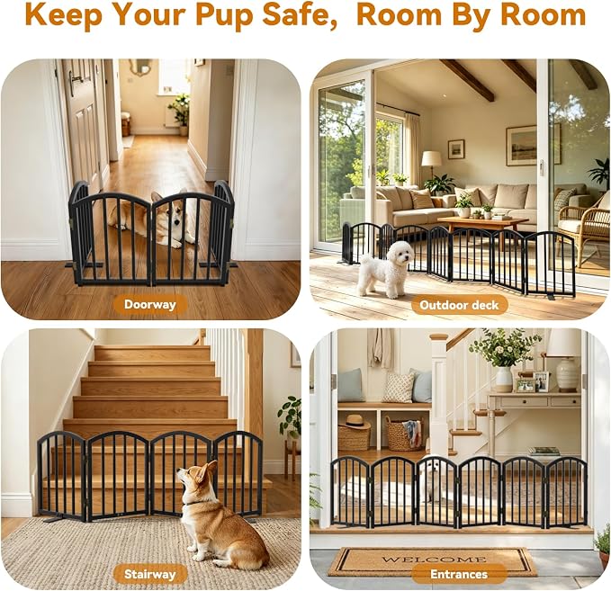 SNUOWU 16 Inch Full Metal Freestanding Short Dog Gate for Small Dogs, Foldable 6-Panel Pet Barrier, Expands Up to 72" Wide, Indoor Safety Fence for Doorway, Home & Stairs, Black