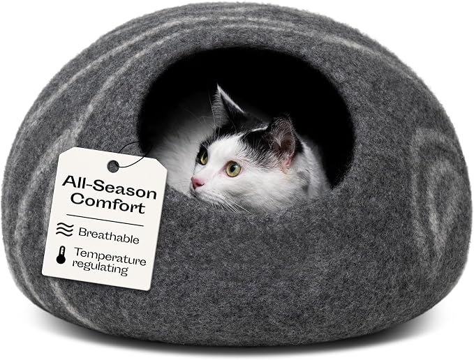 MEOWFIA Cat Cave – Premium Felt Cat Bed Bed Enclosure for Indoor Cats, Handmade Merino Wool (Dark Grey, Medium)