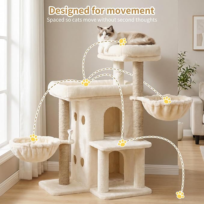 Heybly Cat Tree with Reinforced Big Base, 41.3 in Sturdy Cat Tower HCT075MJ | Indoor Cat Furniture Featuring 2 Roomy Platforms, Double Condos, 2 Cozy Baskets, Full Sisal Scratching Posts, Beige