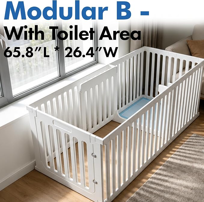 Indoor Dog Playpen w/Door, Modular 2 Room & Toilet Area, 12 Panels & 2 Doors, Height 25.6 Inch, White
