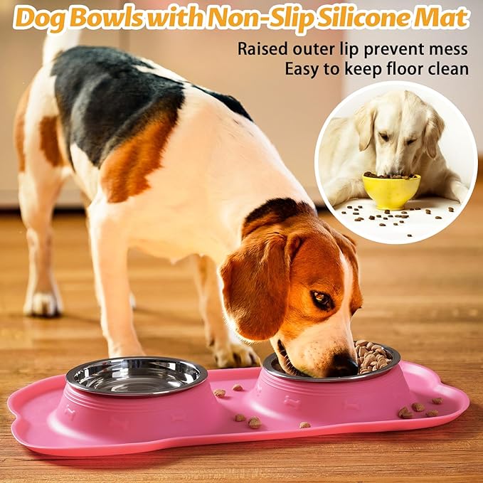 Hubulk Pet Dog Bowls 2 Stainless Steel Dog Bowl with No Spill Non-Skid Silicone Mat + Pet Food Scoop Water and Food Feeder Bowls for Feeding Small Medium Large Dogs Cats Puppies (M, Pink)