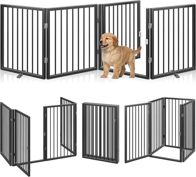 Vantas 80" x 24" Foldable Freestanding Extra Wide Dog Gate with Door,Black | Pet Gate for Stairs and Doorways, Renter Friendly No Drill, Indoor Pet Fence Extra Wide, Easy Storage, With Support Feet