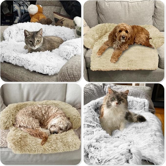 Calming Dog Bed Fluffy Plush Dog Mat for Furniture Protector with Removable Washable Cover for Large Medium Small Dogs and Cats (XS (31"x23.5"x5"), Beige)