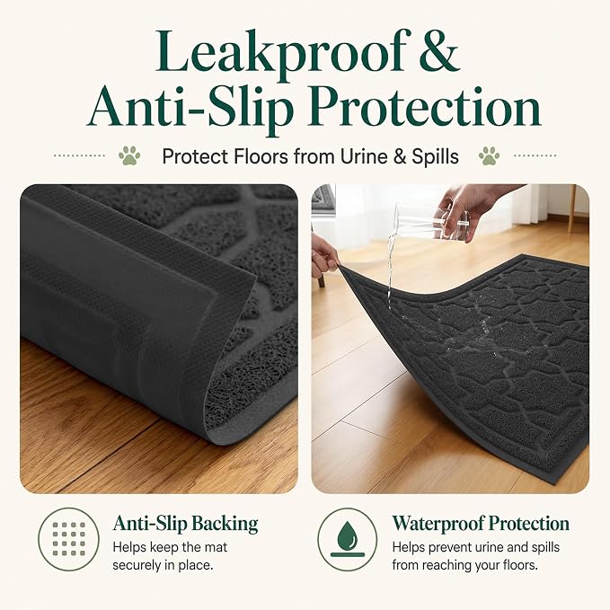 Yimobra Cat Litter Mat, Easy Clean Trapping PVC Mat, 47" x 36", Waterproof Backing, Non Slip Bottom, Scatter Control Pad for Litter Box, Black