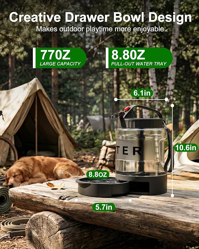 Portable Dog Water Bottle with Bowl, Large 77 oz/2.2 L, Black | Food-grade, BPA-free material, silicone seal, easy-clean wide mouth, grip handle, for large dogs, hiking, camping, beach days