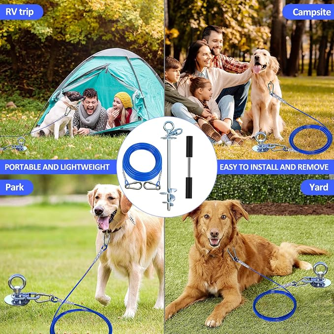 TOPKNOT Dog Tie Out Cable and Stake,(up to 200lbs) 30 ft Heavy Duty Cable,360°Swivel Run- No Tangle,Runner for Yard,Ideal for Outdoor Camping