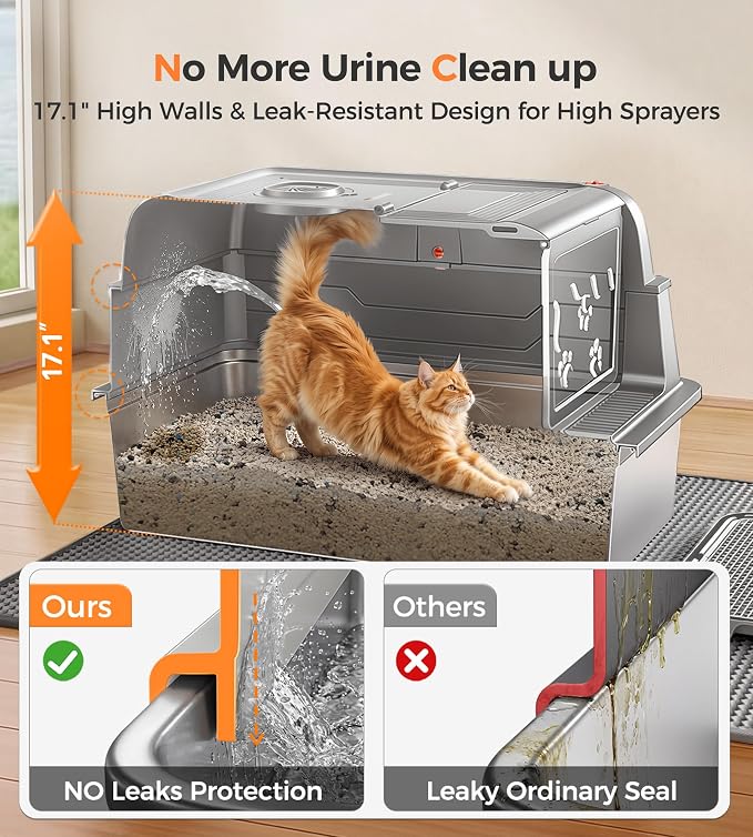 CATLIKE 2026 Upgrade 152L XXXL Stainless Steel Cat Litter Box - 3-Layer Urine Leak-Proof, Enclosed Design w/Charcoal Filter for Maine Coon & Multi-Cat Homes, Includes Metal Scoop & Mat