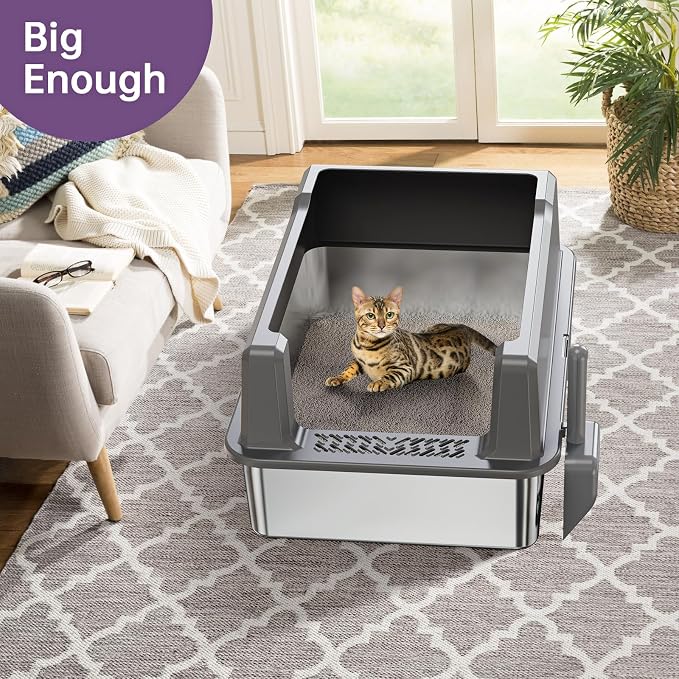 Extra Large XXL Stainless Steel Cat Litter Box with Lid, 26" L x 18" W x 12" H Metal Litter Box with High Sides for Big Cats & Multiple Cats, Never Absorbs Odors, Anti-Urine Leakage, Easy Cleaning