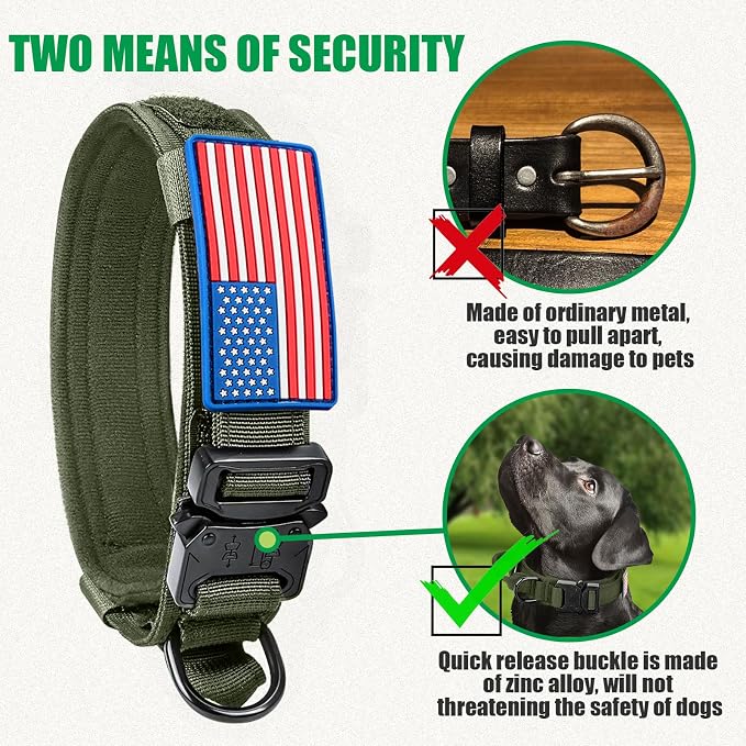 Tactical Military Collar - Adjustable Nylon, Heavy Duty Metal Buckle with Handle for Dog Training, with Patches (Green, M)