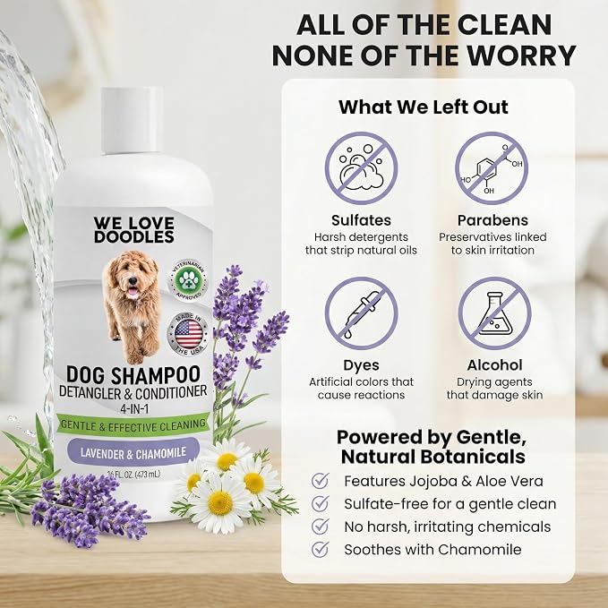 Dog Shampoo, Conditioner & Detangler, Hypoallergenic Tearless Lavender 16OZ | For Sensitive Itchy Skin, Best Shampoo For Smelly Dogs, Goldendoodle, Poodle & Doodle, Puppy Pet Wash Soap, USA Made, 4-in-1
