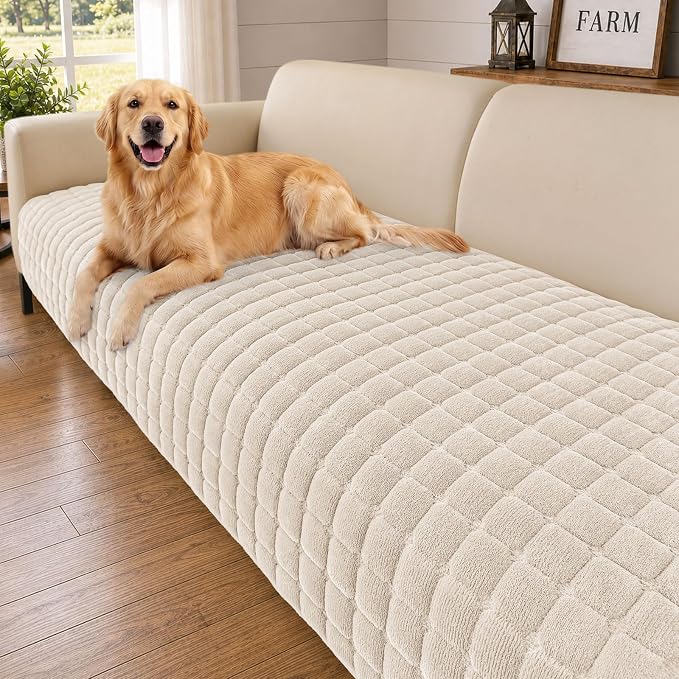 Smiry Velvet Couch Cover for Dogs, Non Slip Soft Sofa Protector for Pets | Washable Sofa Cover for Cats, Cozy Furniture Protector Against Pet Hair, Scratches, Fits Sectional Sofa(Khaki, 36"x36")