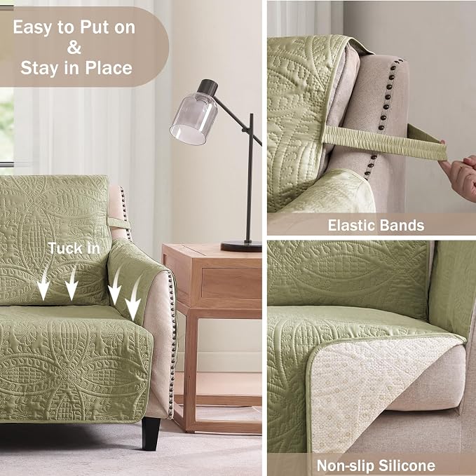 Quilted Recliner Chair Covers, Soft Lazy Boy Chair Covers, Water-Repellent Medium Recliner Covers, Pet Friendly Chair Cover for Dogs, Washable Furniture Sofa Cover (Recliner 26" Sage Green)