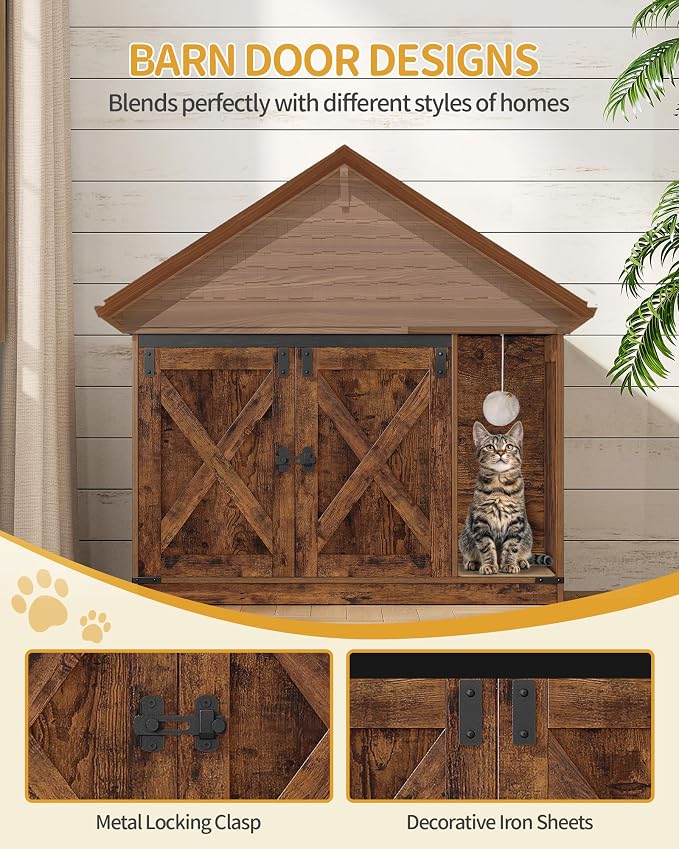 Hzuaneri Cat Litter Box Enclosure, Hidden Litter Box Cabinet Furniture | Indoor Cat House with Bell, Farmhouse Style, 31.5 x 19.7 x 20.9 Inches, for Hallway, Bedroom, Rustic and Black CB85201X