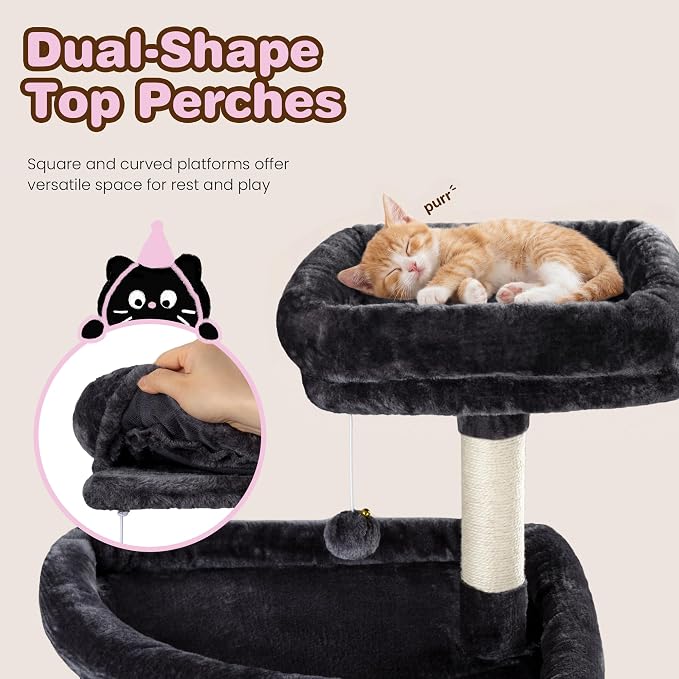 SHA CERLIN 82 inch Cat Tree Tower, Multi-Level Cat Condo with Plush Perches, Sisal Scratching Posts, Hammock and Toys, Stable Cat Tower for Kittens and Adult Cats, Dark Grey