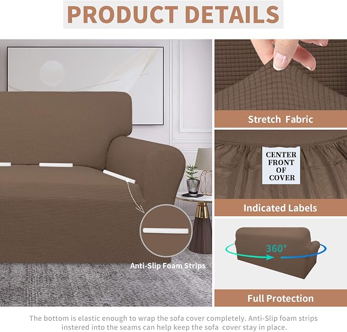 Easy-Going 100% Waterproof Couch Cover, 3 Cushion Oversized Sofa Cover | Leakproof Sofa Slipcover, Stretch Jacquard Furniture Protector Against Stain Spill from Kids, Pets, Dog, Brown
