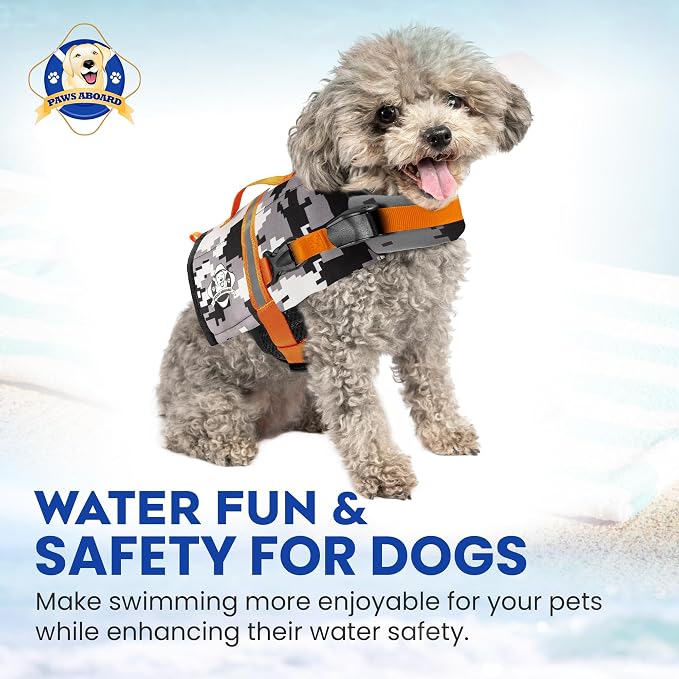 Dog Life Jacket — Premium Swim Vest with SafeChin Anti-Choke Collar | PAWS Aboard Grey Camo | RapidLift Rescue Handle, D-Ring, Reflective Trim | Boating, Kayaking, Pool | XX-Small (Under 6 lbs)