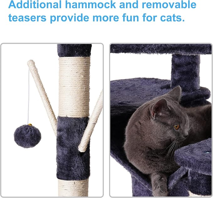 Hey-brother Cat Tree Tower with Stable Multi-Level Padded Perches, MPJ034G | 71 Inches Large Cat House with 3 Platforms, Basket, 2 Cozy Condos, Scratching Posts, Toys Ball for Indoor Cats, Smoky Gray