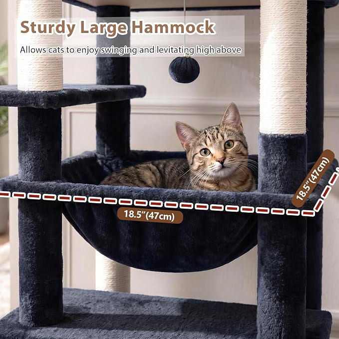 Gitelsnour Cat Tree, 78.7'' Cat Tower, 2 Big Condos for Multi Cats GCT061G | Tall Cat House Furniture for Large Cats with Hammock, Big Platform for Indoor Cats, Scratching Posts & Board , Dark Gray