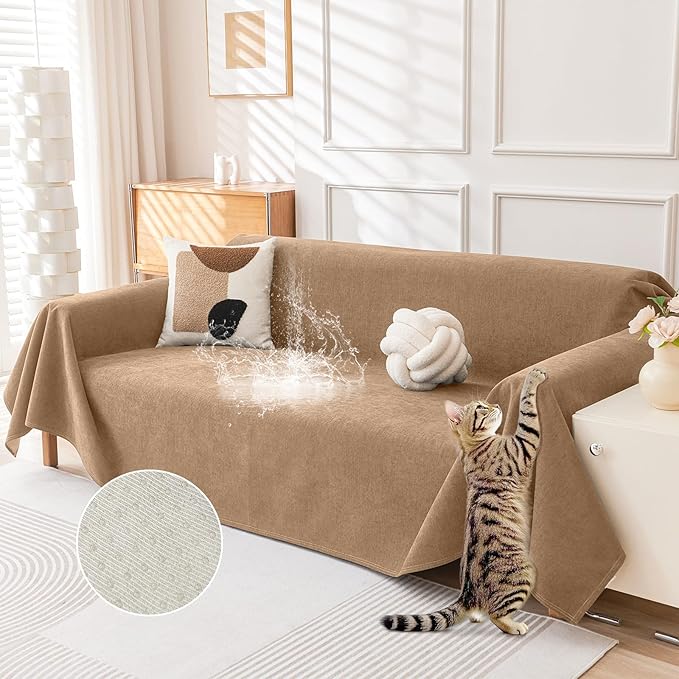 Deep Dream Cat-Scratch Resistant Couch Cover, Waterproof Sofa Cover for 3 Cushion Couch Washable, Pet Friendly Couch Protectors Anti Slip Thickened Sofa Slipcovers for Dogs Pets, 71" x 150", Brown
