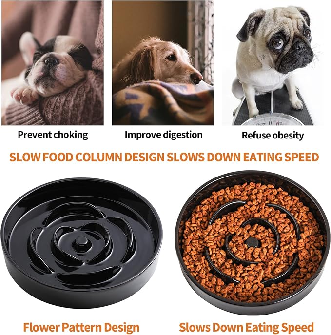 8.66 in Black Ceramic Dog Bowl Slow Feeder for Medium and Large Breed Dogs, Anti-Choking and Slowing Down Eating Time, Heavy Weighted Non-Slip Base