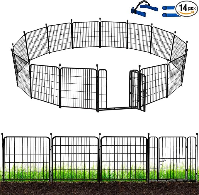 ADAVIN Garden Fence with Gate 36 in(H)×31 Ft(L) 14 Panels, Camping Fence, Tall Animal Barrier Fence, Pet Fences for Dogs Outside, Black Metal Decorative Garden Fencing, Flower Bed Fencing