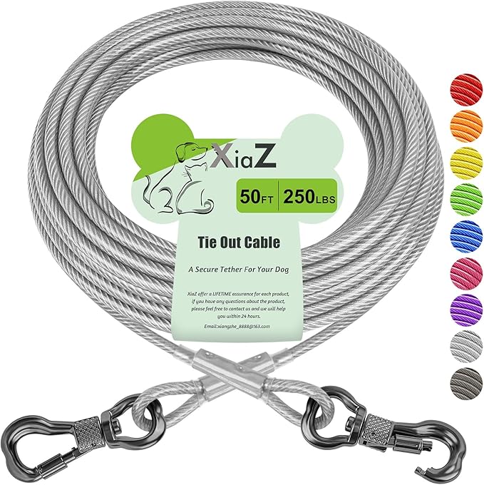 XiaZ Dog Tie Out Cable, Heavy Duty Dog Chains for Outside with Lockable Hook, Pet Runner Cable Leads for Yard, Dogs Line Tether for Small Medium Large Dogs Up to 250 LBS (50FT, Silver)