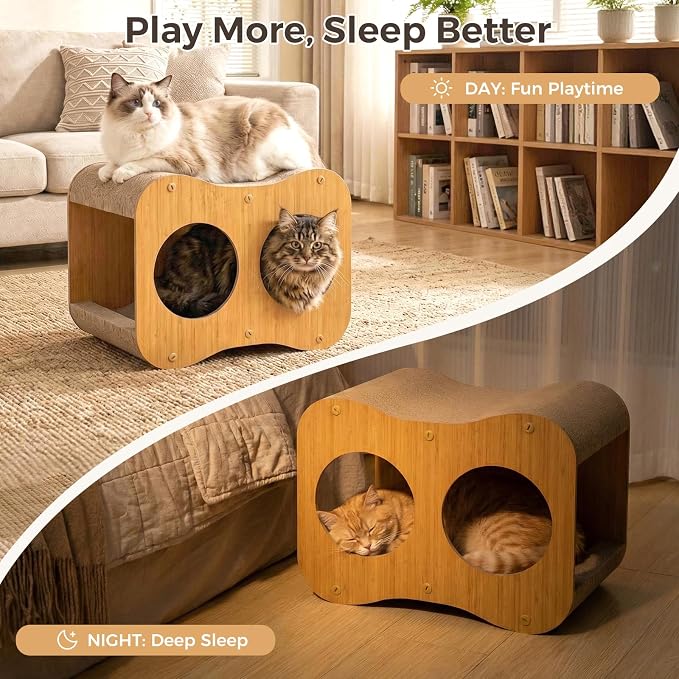 Avont 2-in-1 Cat Scratcher with Reversible Scratching Board, Curved | Protects Furniture, Durable Wooden Frame, Easy Assembly, Tunnel