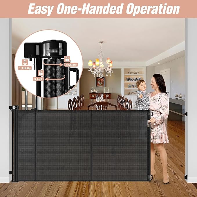 Reinforced 42" Tall x 75" Wide Retractable Baby Gate Prevent Crawling Under | Indoor/Outdoor Tall Retractable Dog Gate, Space-Saving, One-Hand Use, Scratch-Resistant Mesh, Safety Lock, Easy Install/Black