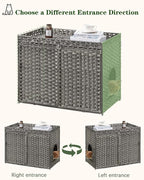 SETVSON Cat Litter Box Enclosure Furniture, Handwoven PE Rattan, Gray | Large Double-Door PE Rattan Kitty House, Fits Large Covered Litter Boxes, 2 Litter Mats, 2 S-Hooks, Metal Frame