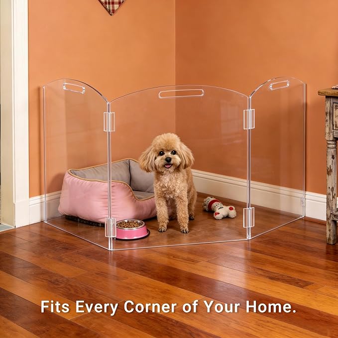 Clear Acrylic Freestanding Dog Gates for The House – Folding 3-Panels Pet Gates for Doorways,Indoor Stairs,and Hallways,No Assembly Transparent Barrier for Dogs,Puppies,and Cats