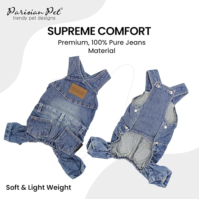 Parisian Pet Dog Overalls - Blue Denim Dog Clothes - Breathable Sling Puppy Jumpsuit - Durable and Trendy Overalls for Dogs - Comfortable Jeans Dog Clothes for Large Dogs - Classy Pet Apparel