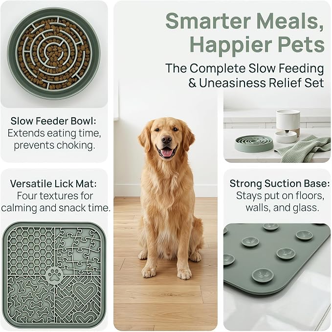 Dog Cat Lick Mat and Slow Feeder Bowl Set, Thickened Food Grade Silicone with Strong Suction Cups, Anxiety Relief Calming Lick Pad for Bathing Grooming Training (Blue)