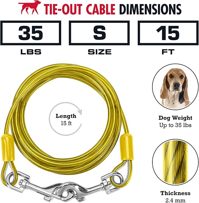 Tuff Pupper Dog Tie Out Cable, 15 ft Heavy Duty Lead for up to 35 lb Dogs | Extra-Strong Coated Steel Wire for Large Dogs; Water/Rust Resistant Yard Runner Line with 360-Degree No-Tangle Swivel Clips