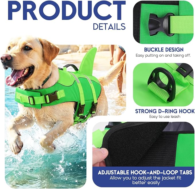 ASENKU Dog Life Jacket - Pet Safety Vest for Swimming & Boating, Shark Life Jacket with Floatation, Dog Lifesavers Swimsuits for Small Medium Large Dogs (Neongreen, XS)